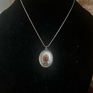 Silver Pendant Necklace with Red Beaded Center